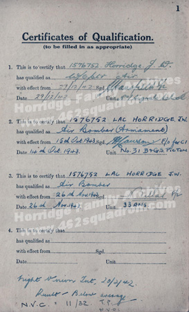 John Walker Horridge 1576752 (later 190747) RAFVR - training qualifications recorded in Flying Log Book during 1942 & 1943, later Bomb Aimer in 462 Squadron.