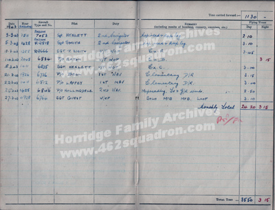Flying Log Book, 33 ANS, March 1943, John Walker Horridge 1576752 (190747) RAFVR, later 462 Squadron. 