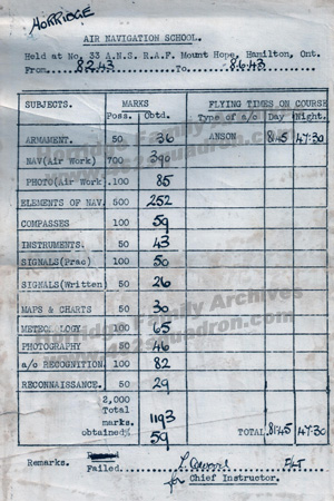 John Walker Horridge 1576752 (later 190747) RAFVR - result sheet for Navigation training at 33 ANS Canada, recorded in Flying Log Book 08 June 1943, later Bomb Aimer in 462 Squadron.