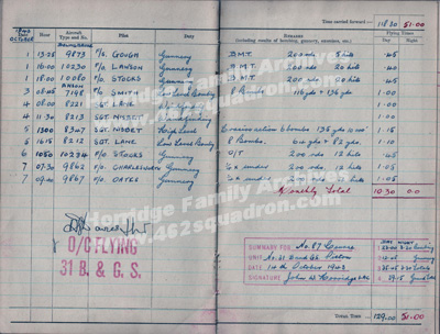 Flying Log Book, 31 BAGS, October 1943, John Walker Horridge 1576752 (190747) RAFVR, later 462 Squadron. 