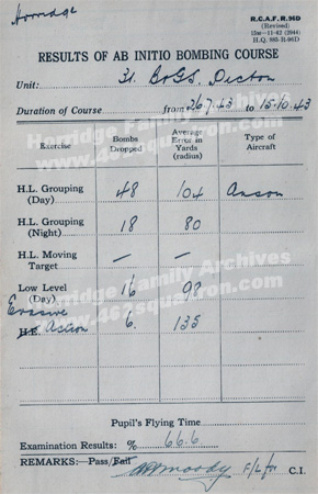 John Walker Horridge 1576752 (later 190747) RAFVR - result sheet for AB Initio Bombing Course at 31 BAGS Canada, recorded in Flying Log Book 15 October 1943, later Bomb Aimer in 462 Squadron.