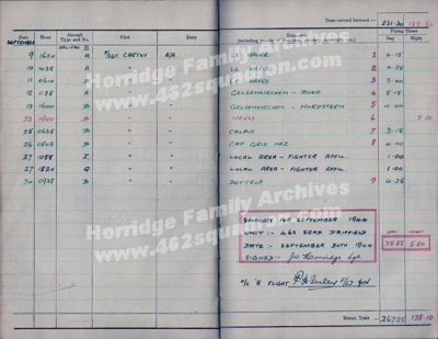 Flying Log Book, 462 Squadron, September 1944, John Walker Horridge 1576752 (190747) RAFVR.
