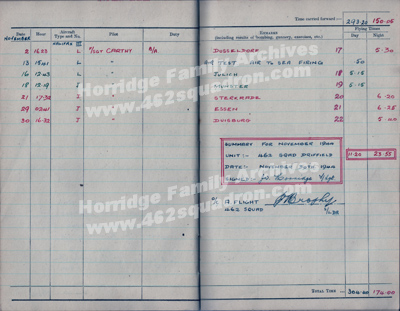 Flying Log Book, 462 Squadron, November 1944, John Walker Horridge 1576752 (190747) RAFVR.
