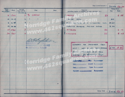 Flying Log Book, 462 Squadron & 466 Sqdn, December 1944, John Walker Horridge 1576752 (190747) RAFVR.