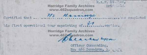 John Walker Horridge, 1576752 RAFVR (later 190747) - Certification that he had completed his first Operational Tour of 31 Ops (28 January 1945 at 466 Squadron, previously at 462 Squadron).