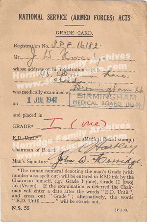 John Walker Horridge - front side of RAFVR pre-enlistment Medical Grade Card dated 01 July 1941 (later Bomb Aimer in 462 Squadron). 