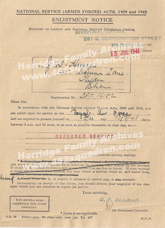 Enlistment Notice for John Walker Horridge dated 15 July 1941, later 1576752 RAFVR, Bomb Aimer in 462 Squadron.