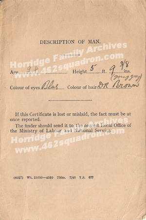 John Walker Horridge - reverse side of RAFVR pre-enlistment Medical Grade Card dated 01 July 1941 (later Bomb Aimer in 462 Squadron). 