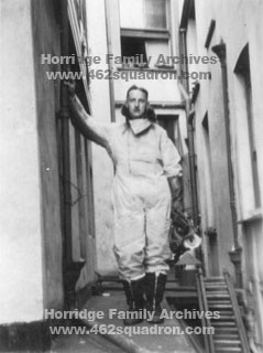 John Walker Horridge 1576752 (later 190747) RAFVR in Cornwall during 1944, in flying gear at a Newquay hotel, later Bomb Aimer in 462 Squadron.