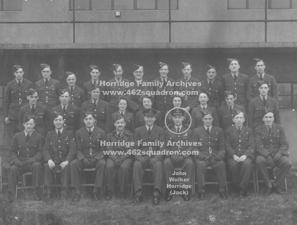 Group photo of Air Force staff at Flying Control, RAF Sturgate, in January 1946, including F/O John Walker Horridge 190747 (previously 1576752) RAFVR, who had completed Ops in 462 Squadron and 466 Squadron.