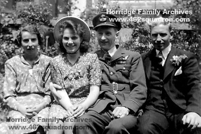 F/O John Walker Horridge 190747 (previously 1576752) RAFVR, and Bride Myra Kemp after their wedding on 23 June 1946, with cousin Dora Kemp and Best Man Hilton Kemp. (462 Squadron) 