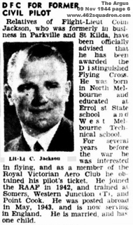 Flight Lieutenant Colin William Jackson 418533 RAAF, Distinguished Flying Cross news article in The Argus, Pilot at 462 Squadron, Driffield and Foulsham.