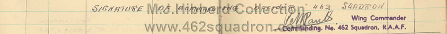 Wing Commander P.M.Paull's signature in Fl Sgt M.J.Hibberd's logbook, 462 Sqdn, 1945