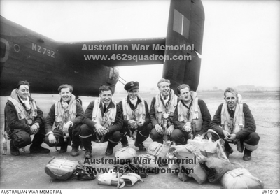 MacDermott crew beside Halifax MZ792 Z5-P of 462 Squadron, Driffield, September 1944; L-R William Stuart Shoemaker, N McA Brown, Walter Aubyn Hines, Bernard John MacDermott, William Victor Dodd, Trevor Evans, Leslie Thomas Sanders.