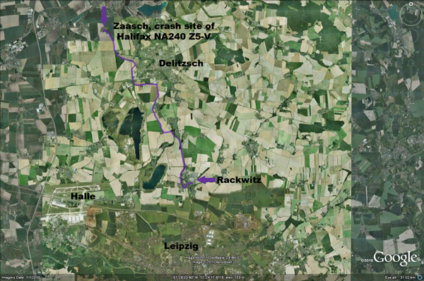 Route from crash site of Halifax NA240 Z5-V at Zaasch, to disposal site at Rackwitz.