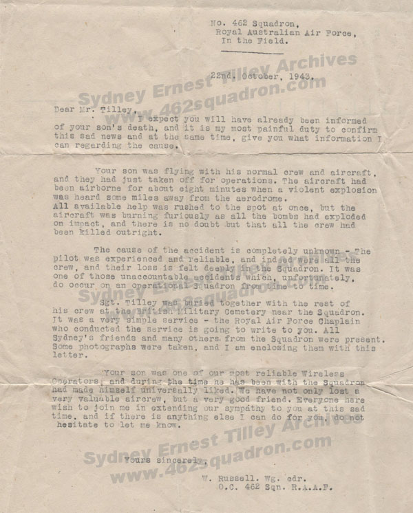 Letter from W/Cdr W T Russell to parents of Sergeant Sydney Ernest Tilley, 1331844 RAFVR, Wireless Operator, 462 Squadron. 