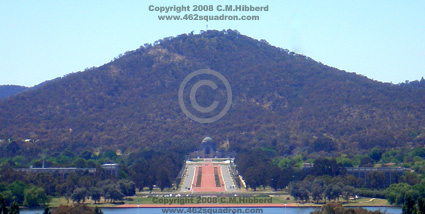 View of the Australian War Memorial, Canberra, looking from Parliament House across Lake Burley Griffin and along Anzac Parade. (462squadron.com)
