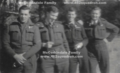 Albert Eric Thornton, William McCorkindale, Robert Richard Mitchell, and Pat McCarthy at 20 OTU, RAF Milltown, March 1944; three of four later posted to 462 Squadron, Driffield.