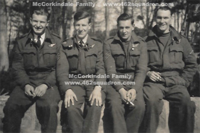 Pat McCarthy, William McCorkindale, Albert Eric Thornton and Terence Liddell Maguire at 20 OTU, RAF Milltown, March 1944; three of four later posted to 462 Squadron, Driffield.
