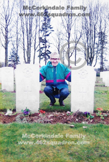 William McCorkindale at headstones for Robert Richard Mitchell and Albert Eric Thornton at Hotton Cemetery, 25 March 1995. (462 Squadron, Driffield)