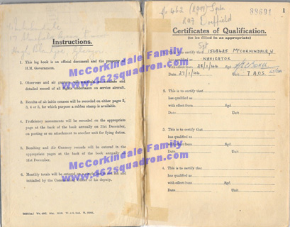 William McCorkindale 1568425 RAFVR Log Book Qualification (462 Squadron)