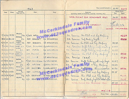 William McCorkindale 1568425 RAFVR Log Book Dec 1943 (462 Squadron)