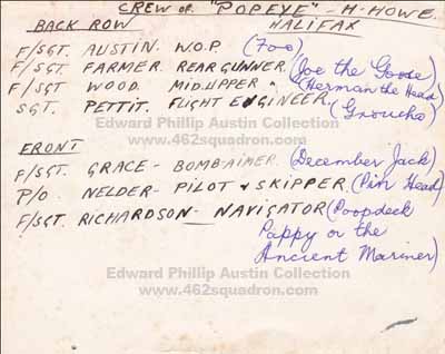 Identification of Crew 28, 462 Squadron RAAF, Driffield 1944, Pilot Frank Edward Nelder, , Nav Ernest Hartley Richardson, B/A John Maurice Grace, W/OP Edward Phillip Austin, F/Eng Douglas Darrah Pettit, MU/AG Malcolm Langley Wood, R/AG Allan Farmer.