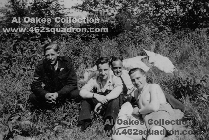 Crew soaking up the sunshine (Bill Goldie, Navigator Alf, Alf Perkes and unidentified airman (Bill and Alf P. were later in 462 Squadron, Foulsham)