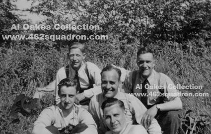 Crew soaking up sunshine (Bill Goldie, Wilf Parker, Navigator Alf, Alf Perkes and unidentified airman (Bill, Wilf and Alf P. were later in 462 Squadron, Foulsham)