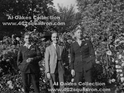 Crew on leave at home of Al Oakes in Dudley - Jack Smith, Navigator Alf, and Bill Goldie (Jack & Bill were later in 462 Squadron, Foulsham)