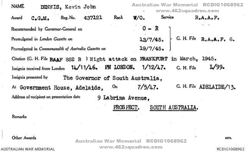 Kevin John Dennis 437121 RAAF, Conspicuous Gallantry Medal, Australian War Memorial