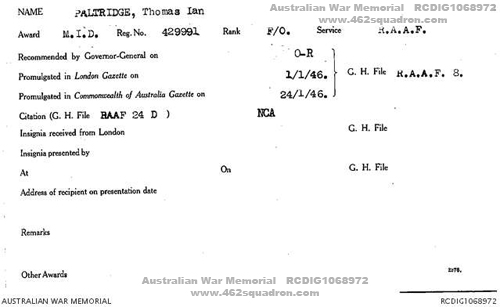 Thomas Ian Paltridge 429991 RAAF, Mentioned in Despatches Card, Australian War Memorial