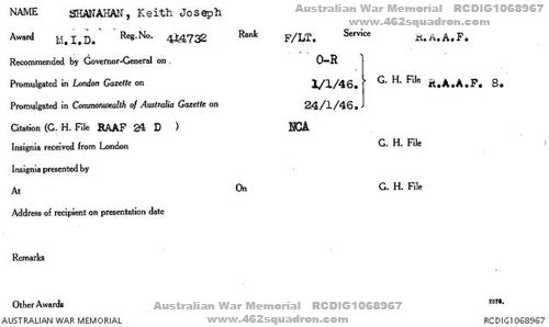 Kevin Joseph Shanahan, 414732 RAAF, Mentioned in Despatches Card, Australian War Memorial