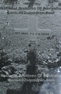 Cross on grave of Desmond Noel Kehoe 415429 RAAF, 462 Squadron (NAA photo).