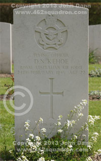 Headstone on grave of Desmond Noel Kehoe 415429 RAAF, 462 Squadron.