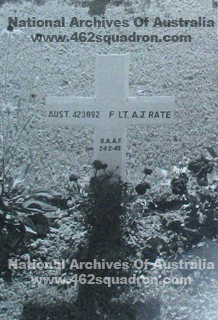 Cross on grave of Allan John Rate, 423892 RAAF, 462 Squadron (NAA photo).