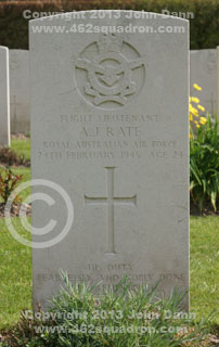 Headstone on grave of Allan John Rate, 423892 RAAF, 462 Squadron.
