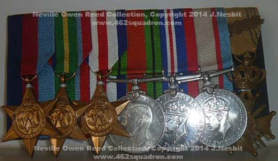 WW2 Medals of Neville Owen Reed, 435209 RAAF, 462 Squadron - 1939-45 Star, Pacific Star, France and Germany Star, Defence Medal, War Medal 1939-45, Australian Service Medal 1939-45, and Belgian medal - La Croix de Guerre 1940 avec Palme.