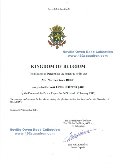Neville Owen Reed,435209 RAAF, 462 Squadron, Croix de Guerre avec Palme, Attestation Certificate re-issued November 2014.