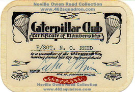Caterpillar Club Certificate of Membership for F/Sgt Neville Owen Reed, 435209 RAAF, 462 Squadron.