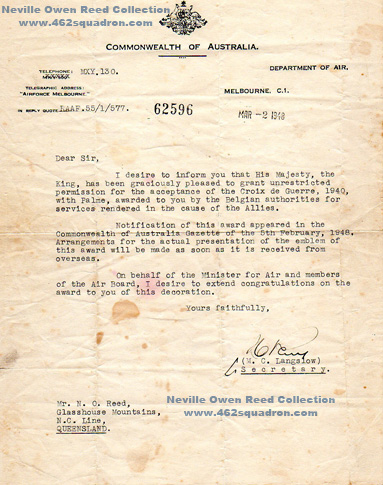 Letter regarding Belgian Medal, La Croix de Guerre 1940 Avec Palme, awarded to Neville Owen Reed 435209 RAAF, 462 Squadron.
