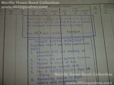 Signature and Certification Page dated 28 August 1943, from Pilot's Flying Logbook for Neville Owen Reed 435209 RAAF (later Rear Gunner in 462 Squadron).