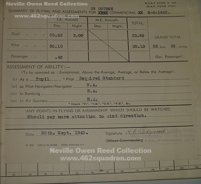 Assessment Page dated 20 September 1943, from Pilot's Flying Logbook for Neville Owen Reed 435209 RAAF (later Rear Gunner in 462 Squadron).
