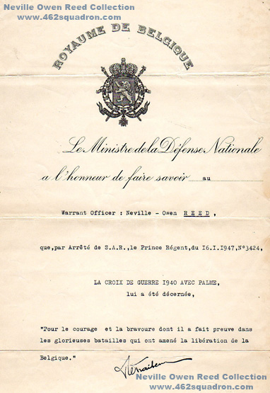 Royaume de Belgique Certificate for La Croix de Guerre 1940 Avec Palme, awarded to Neville Owen Reed 435209 RAAF, 462 Squadron.