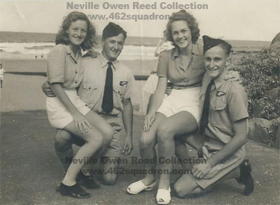 Sgt Brian William Horrocks 435497 RAAF (later 466 Squadron) and Sgt Neville Owen Reed (later 462 Squadron) and female friends at the beach, 1944.