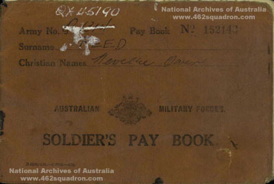 Army Pay Book for Neville Owen Reed QX45190 (Q1314), later 435209 RAAF, 462 Squadron.