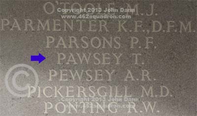 Inscription on Runnymede Memorial, Panel 267, for Thomas Pawsey, 163583 RAFVR, 462 Squadron.