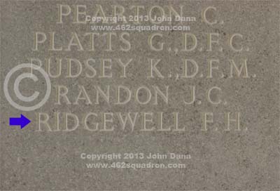 Inscription on Runnymede Memorial, Panel 265, for Frederick Harold Ridgewell, 149967 RAFVR, 462 Squadron.