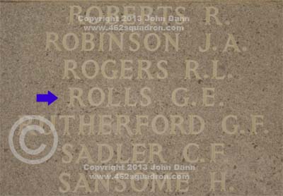 Inscription on Runnymede Memorial, Panel 276, for George Edward Rolls, 644506 RAF, 462 Squadron.