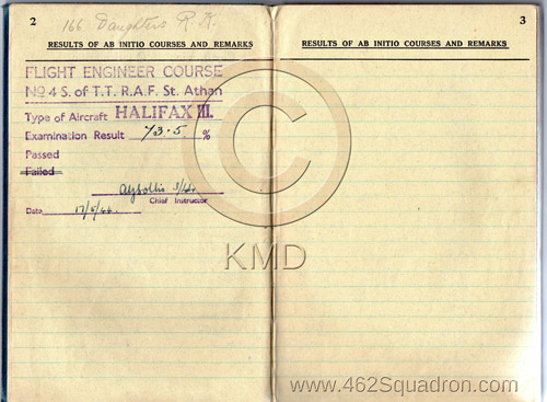 Page 2-3 of Flying Log Book for Sgt Ralph Kenneth DAUGHTERS, 1895166 RAF, Flight Engineer in 462 Squadron.